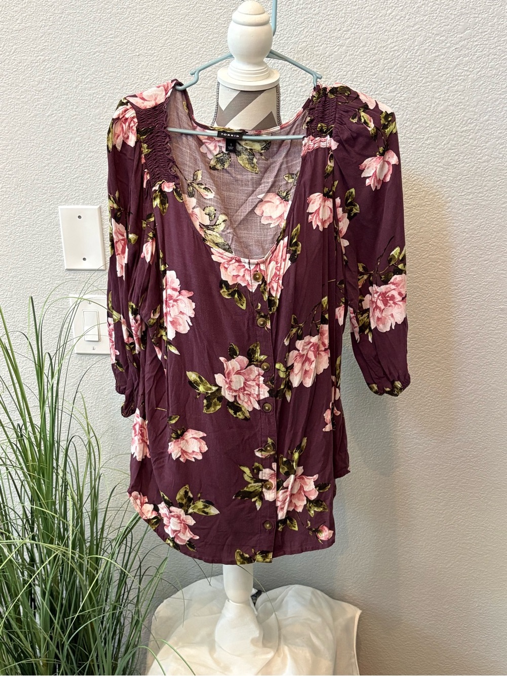 torrid Plum Floral Button-Front Tunic with Pink Blooms